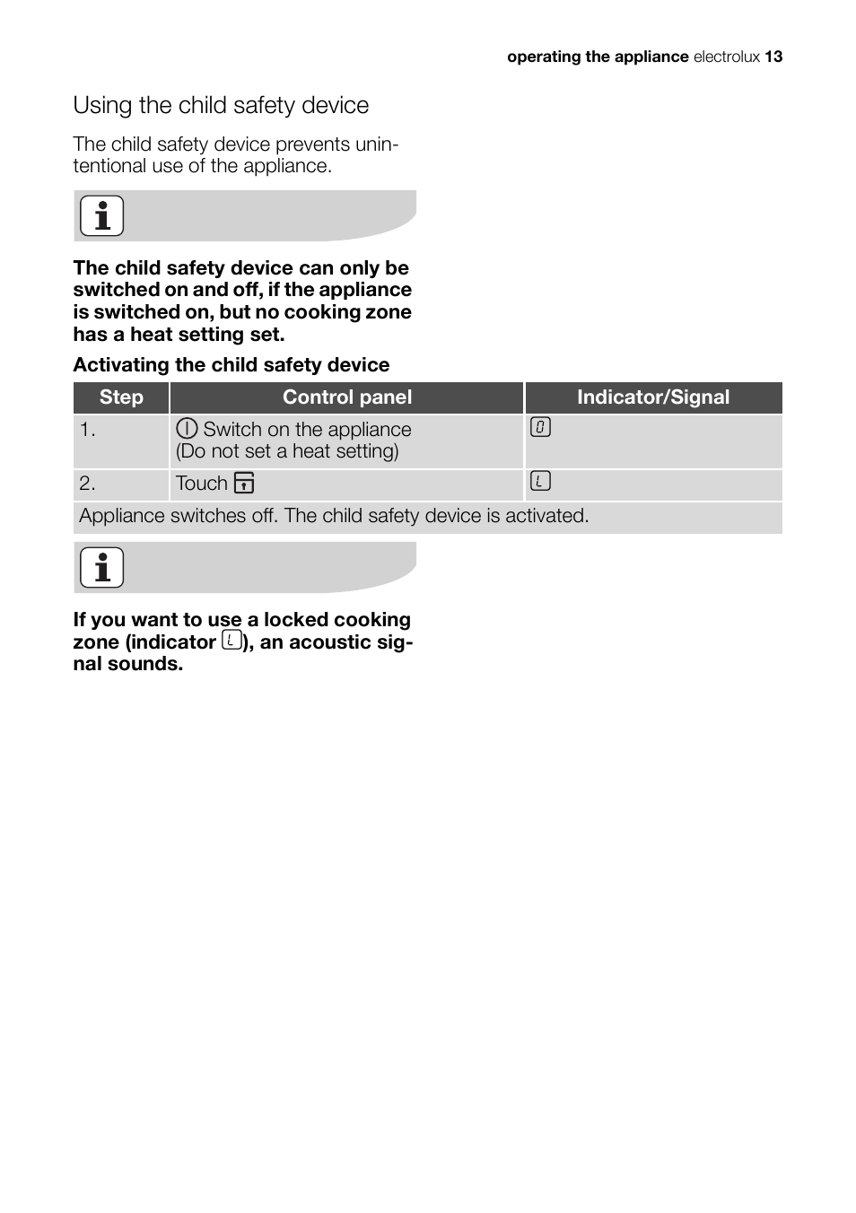 Using the child safety device | Electrolux EHS 36020 U User Manual | Page 13 / 44