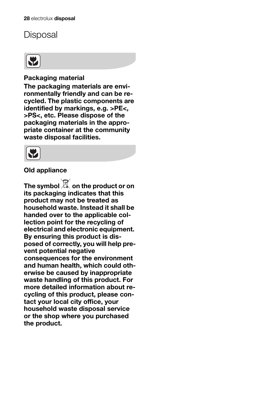 Disposal | Electrolux EHS 36020 U User Manual | Page 28 / 44