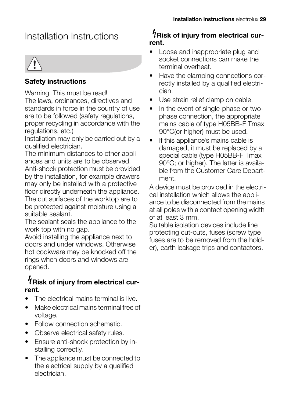 Installation instructions | Electrolux EHS 36020 U User Manual | Page 29 / 44