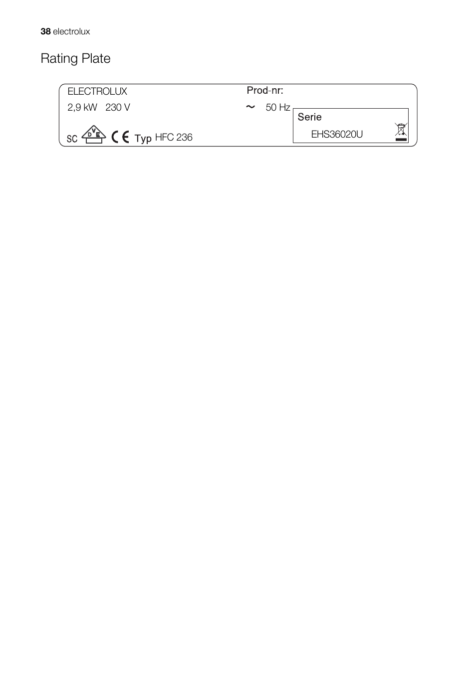 Rating plate | Electrolux EHS 36020 U User Manual | Page 38 / 44