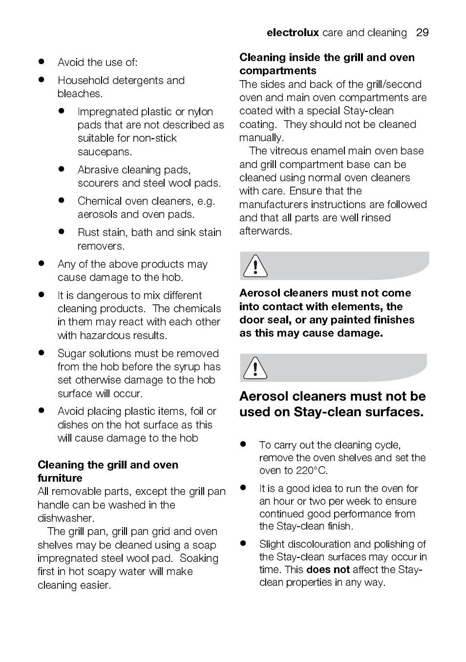 Electrolux, Cleaning the grill and oven furniture, Cleaning inside the grill and oven compartments | Electrolux EKC5045 User Manual | Page 29 / 44