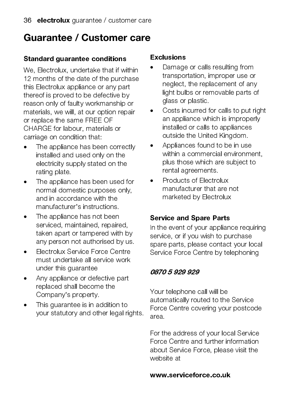 Electrolux, Standard guarantee conditions, Exclusions | Service and spare parts | Electrolux EKC5045 User Manual | Page 36 / 44