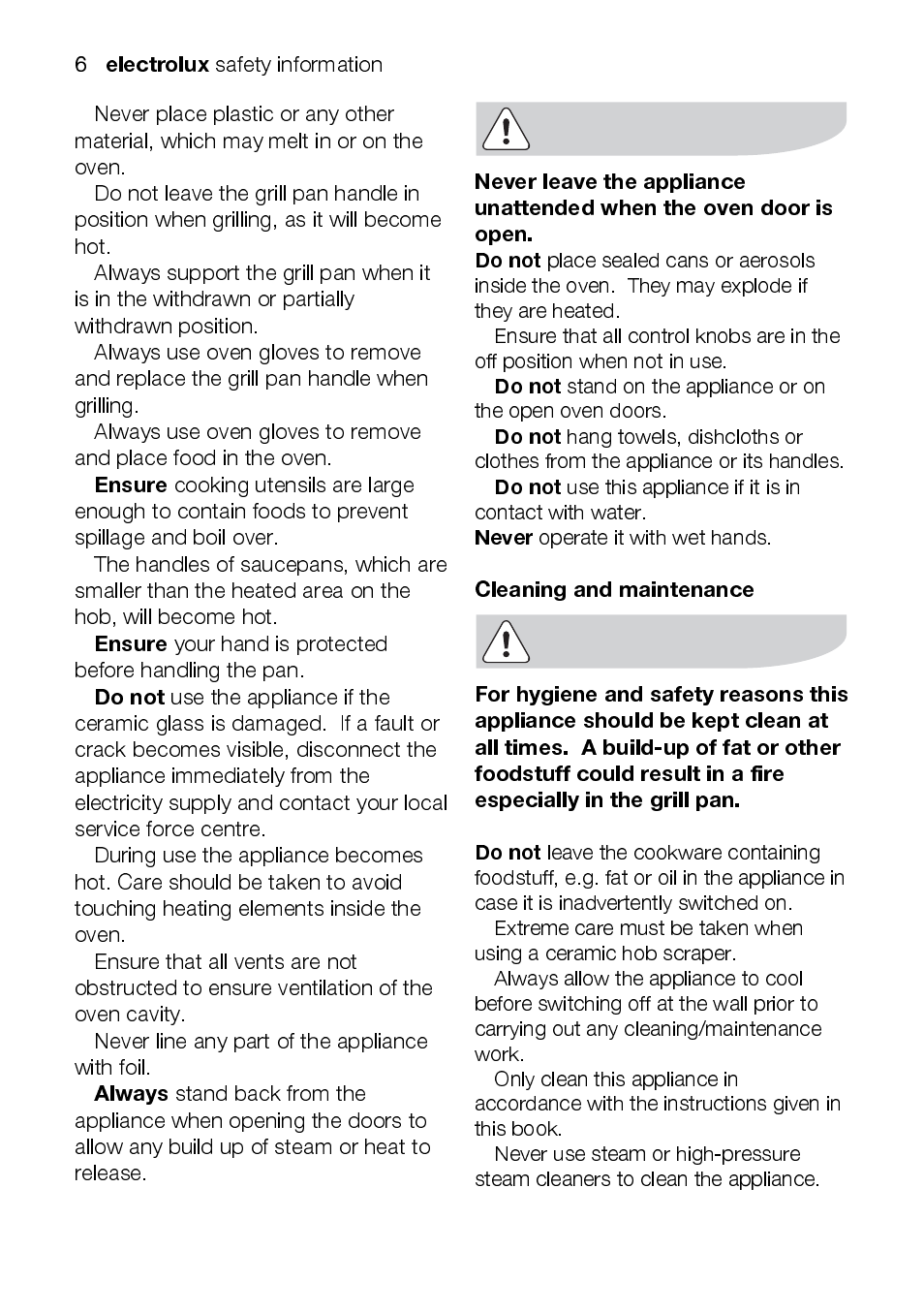 Electrolux, Ensure, Do not | Always, Cleaning and maintenance | Electrolux EKC5045 User Manual | Page 6 / 44