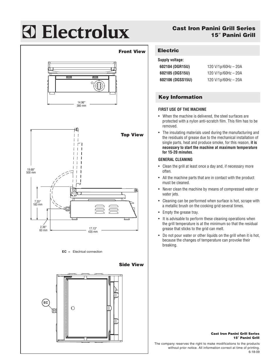 Cast iron panini grill series 15 ″ panini grill, Electric, Key information | Electrolux 602106 User Manual | Page 2 / 2