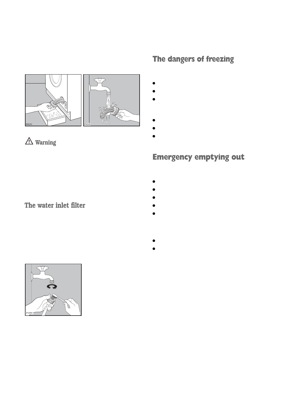 The dangers of freezing, Emergency emptying out, The water inlet filter | Warning | Electrolux FWM 1010 User Manual | Page 17 / 28