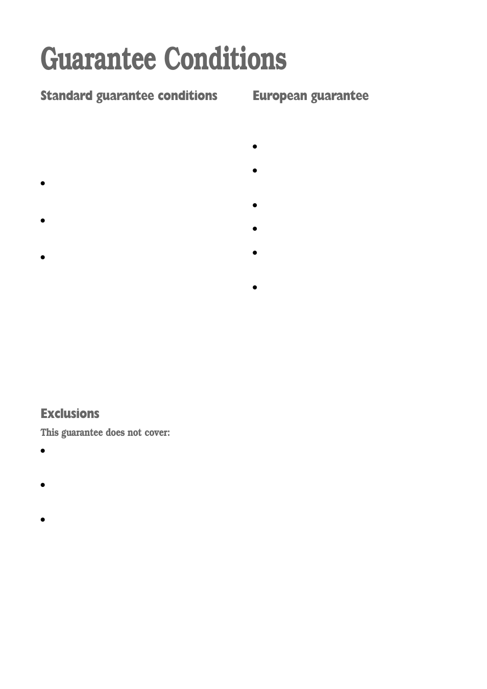 Guarantee conditions, Standard guarantee conditions, Exclusions | European guarantee | Electrolux FWM 1010 User Manual | Page 20 / 28