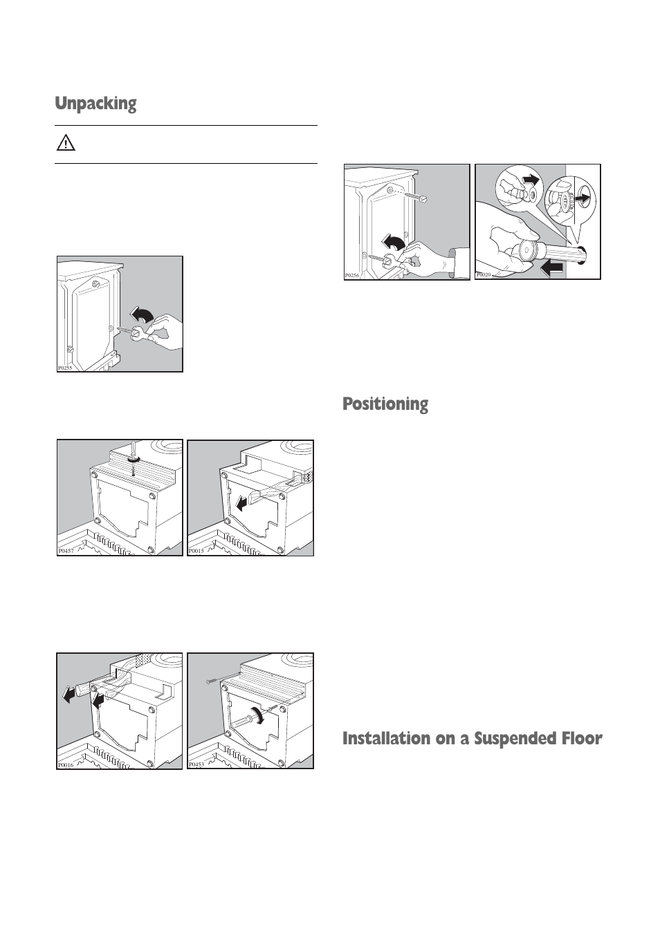 Unpacking, Positioning, Installation on a suspended floor | Electrolux FWM 1010 User Manual | Page 22 / 28