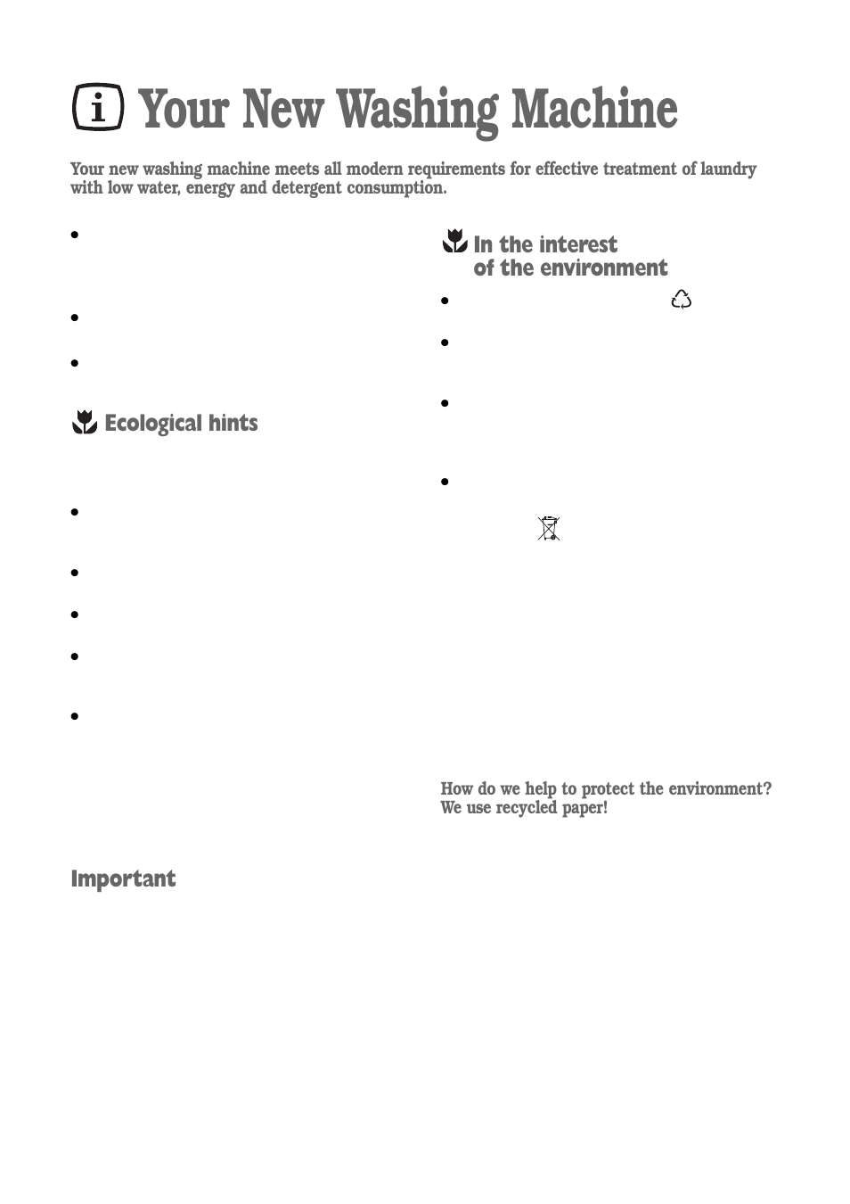 Your new washing machine, Ecological hints, Important | Electrolux FWM 1010 User Manual | Page 4 / 28