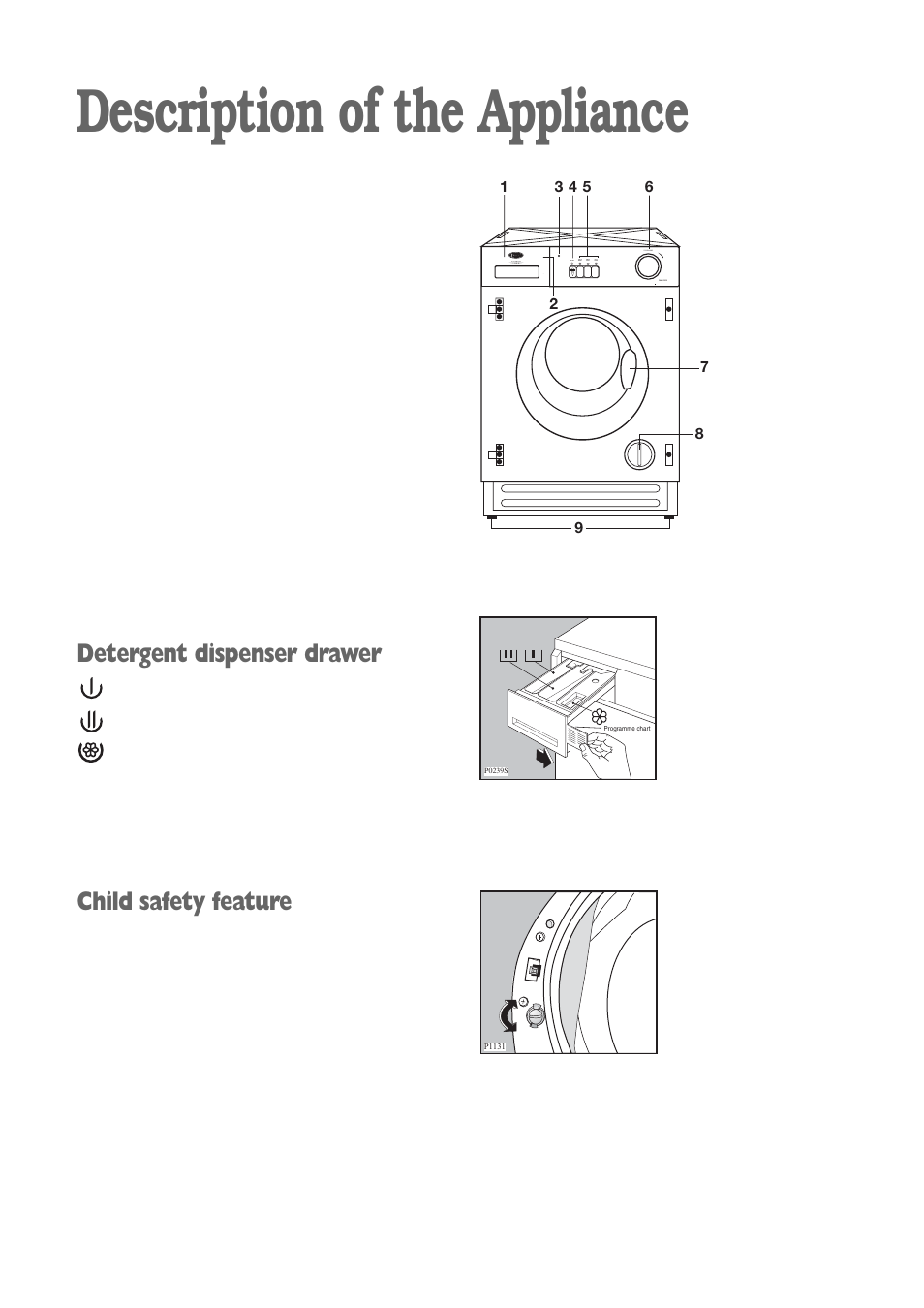 Description of the appliance, Detergent dispenser drawer, Child safety feature | Electrolux FWM 1010 User Manual | Page 5 / 28