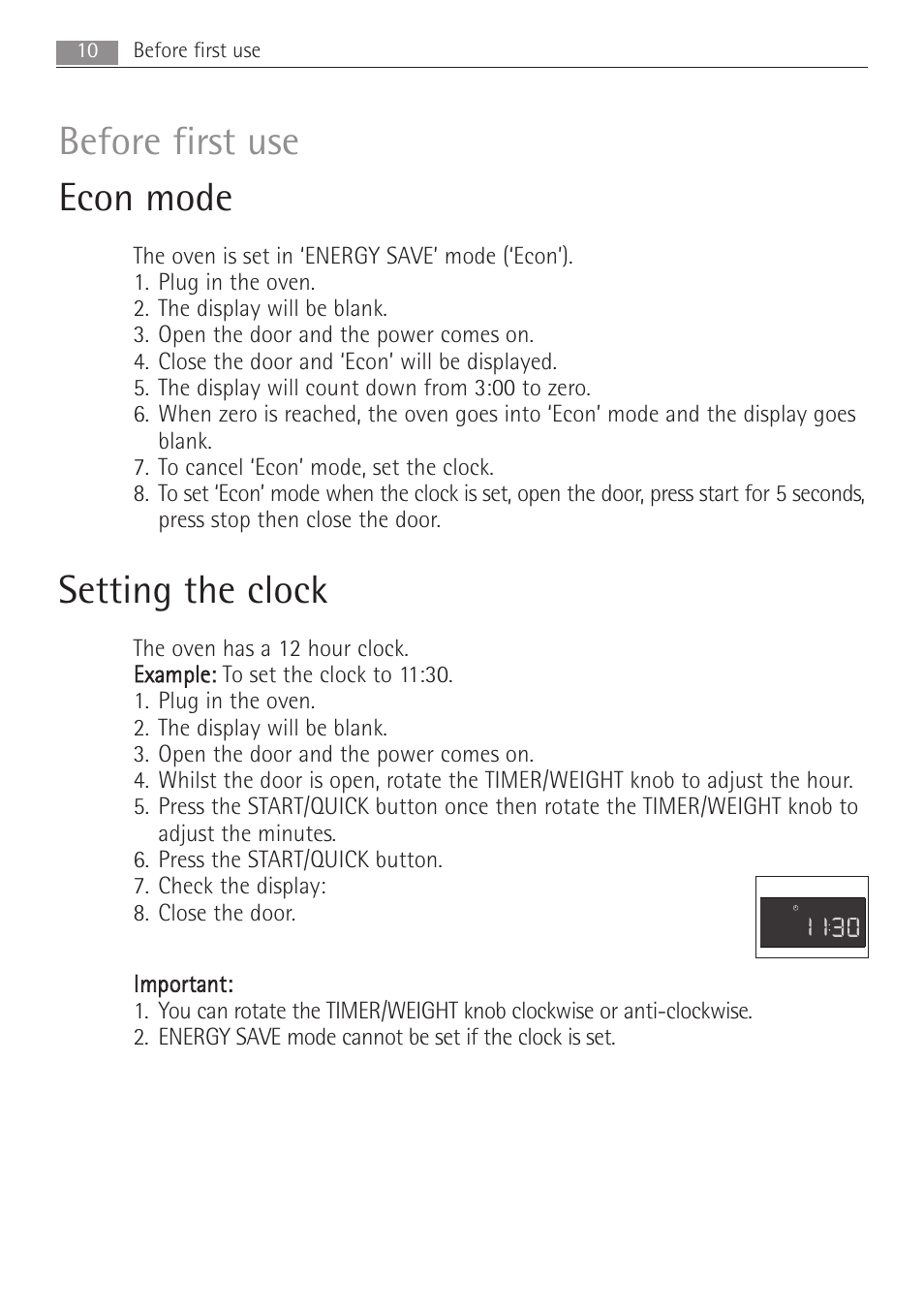 Before first use econ mode, Setting the clock | Electrolux MCD1762E User Manual | Page 10 / 44