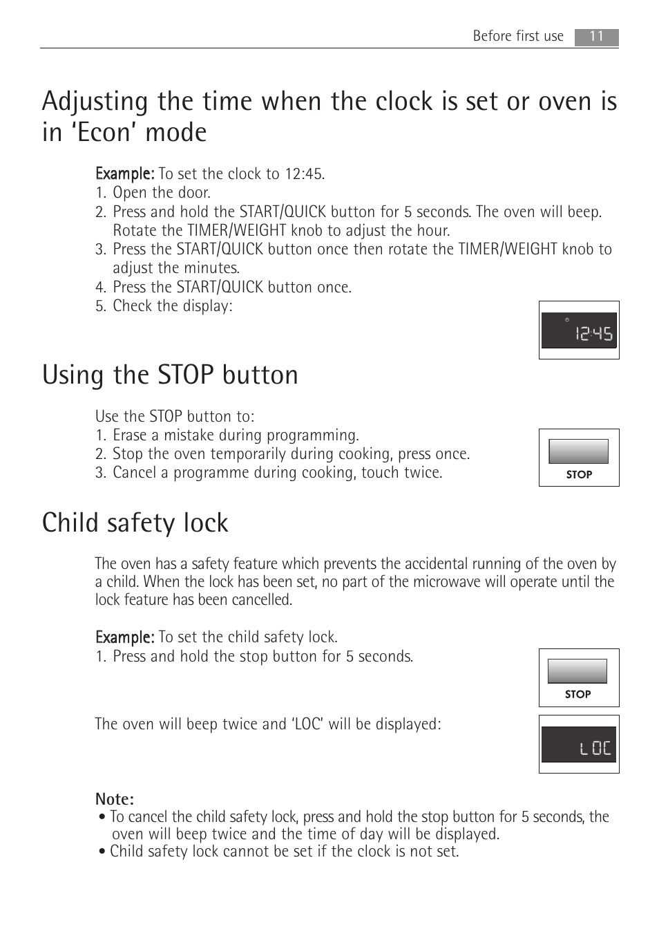 Using the stop button, Child safety lock, 11 before first use | Electrolux MCD1762E User Manual | Page 11 / 44