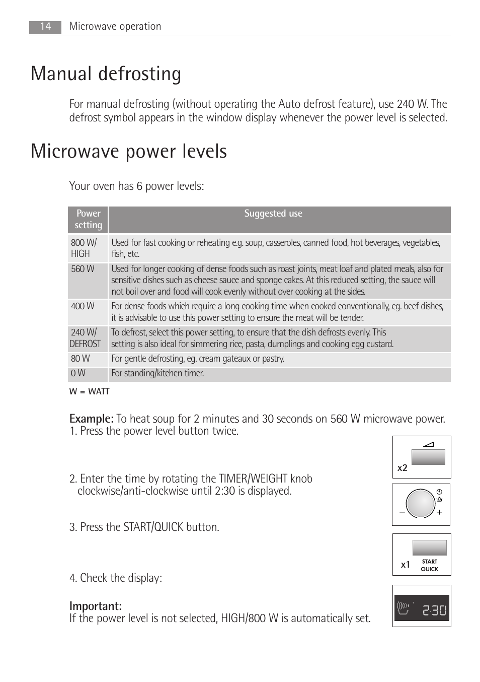 Manual defrosting, Microwave power levels, 14 microwave operation | Electrolux MCD1762E User Manual | Page 14 / 44