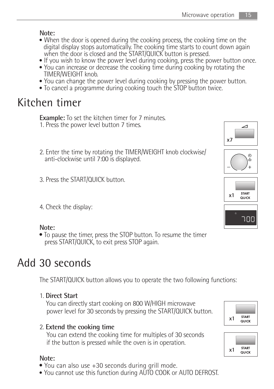 Kitchen timer, Add 30 seconds | Electrolux MCD1762E User Manual | Page 15 / 44