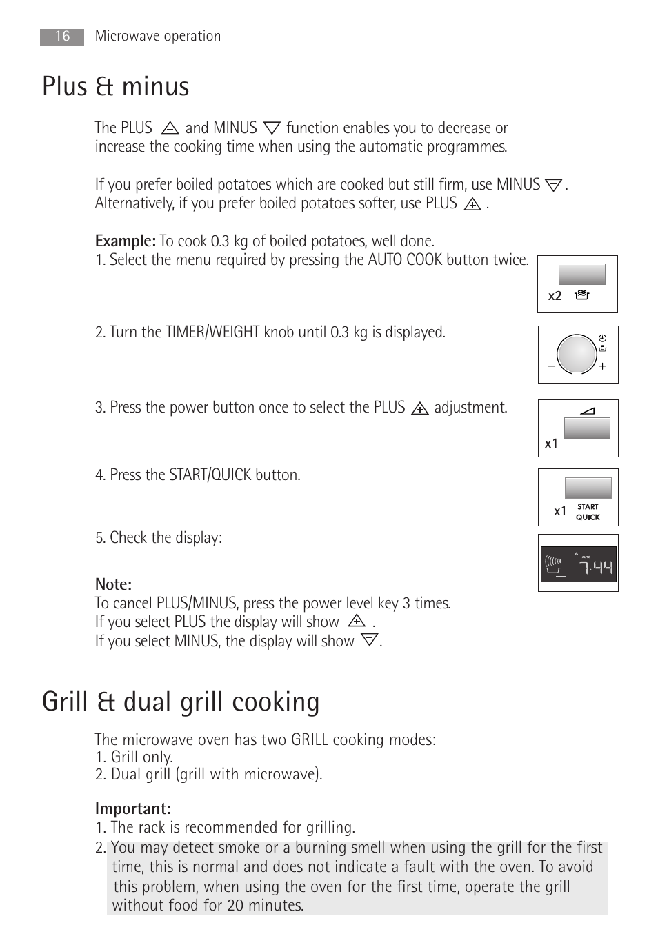 Plus & minus, Grill & dual grill cooking, 16 microwave operation | Electrolux MCD1762E User Manual | Page 16 / 44