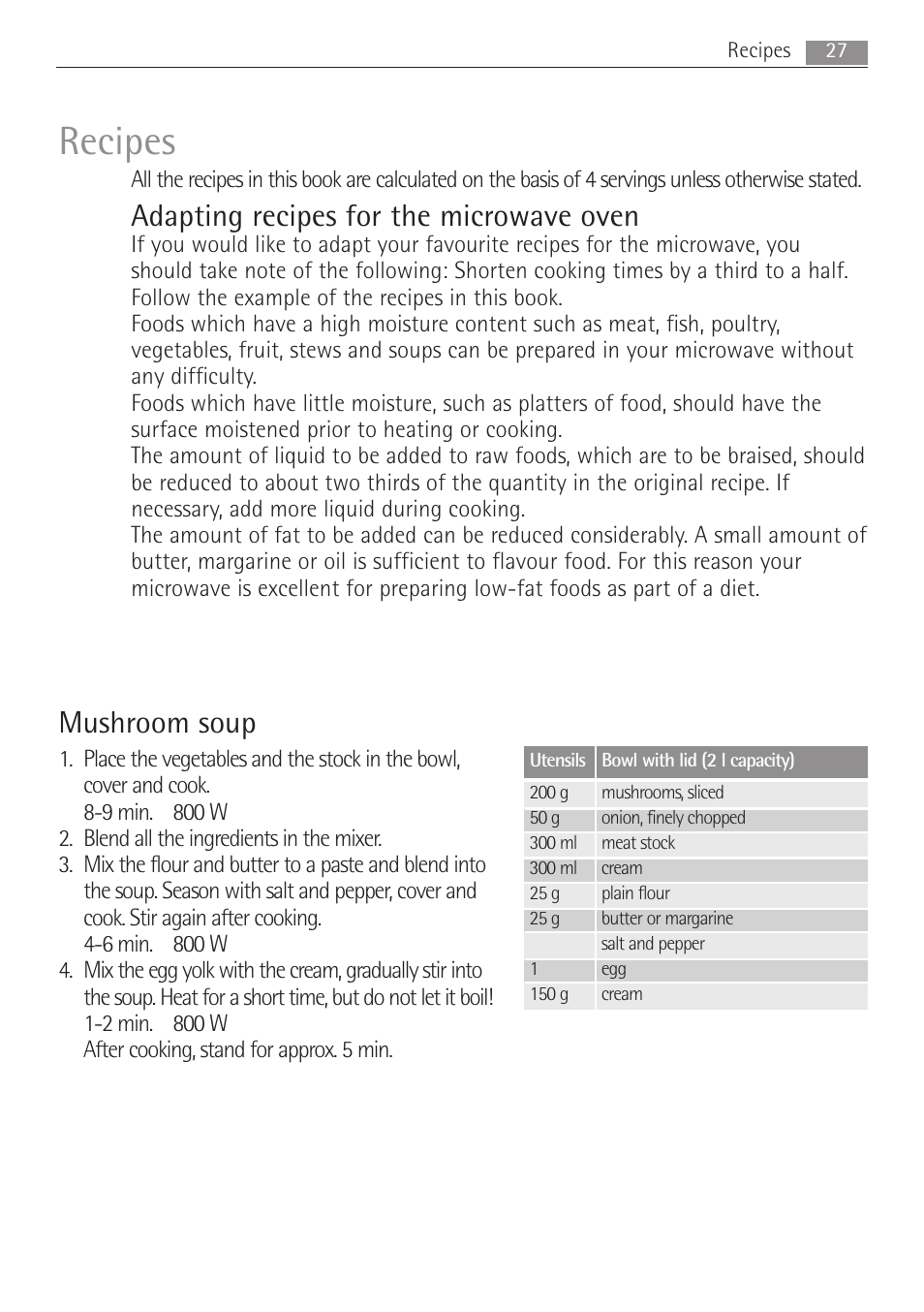 Recipes, Adapting recipes for the microwave oven, Mushroom soup | Electrolux MCD1762E User Manual | Page 27 / 44