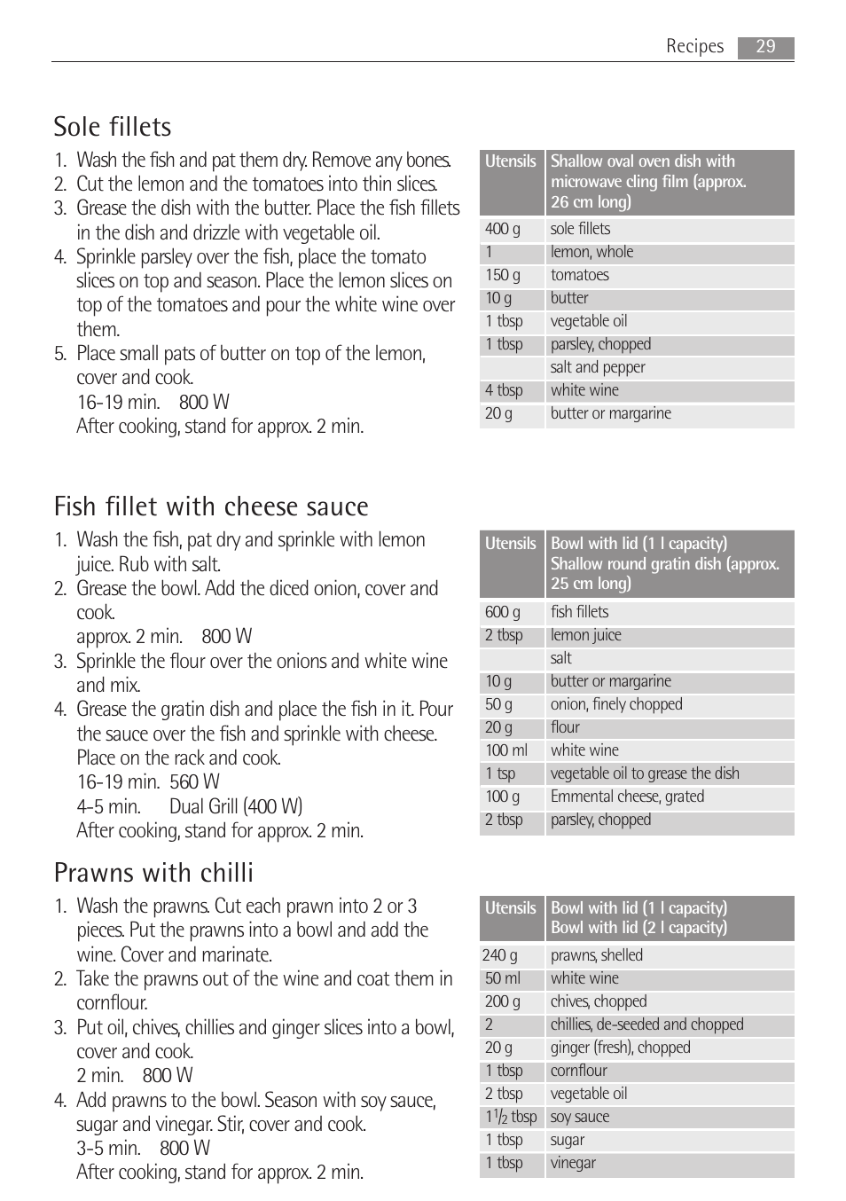 Sole fillets, Fish fillet with cheese sauce, Prawns with chilli | Electrolux MCD1762E User Manual | Page 29 / 44