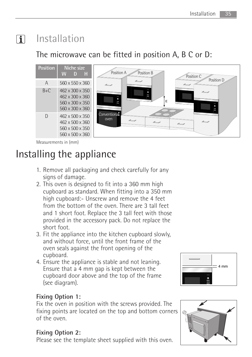 Installation, Installing the appliance | Electrolux MCD1762E User Manual | Page 35 / 44