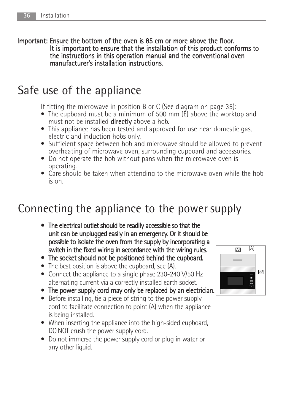 Safe use of the appliance, Connecting the appliance to the power supply | Electrolux MCD1762E User Manual | Page 36 / 44