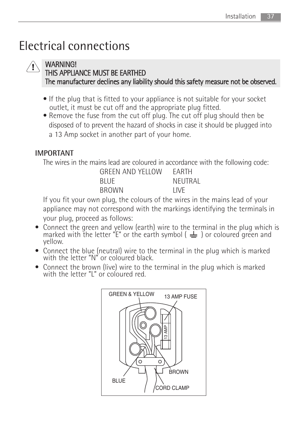 Electrical connections | Electrolux MCD1762E User Manual | Page 37 / 44