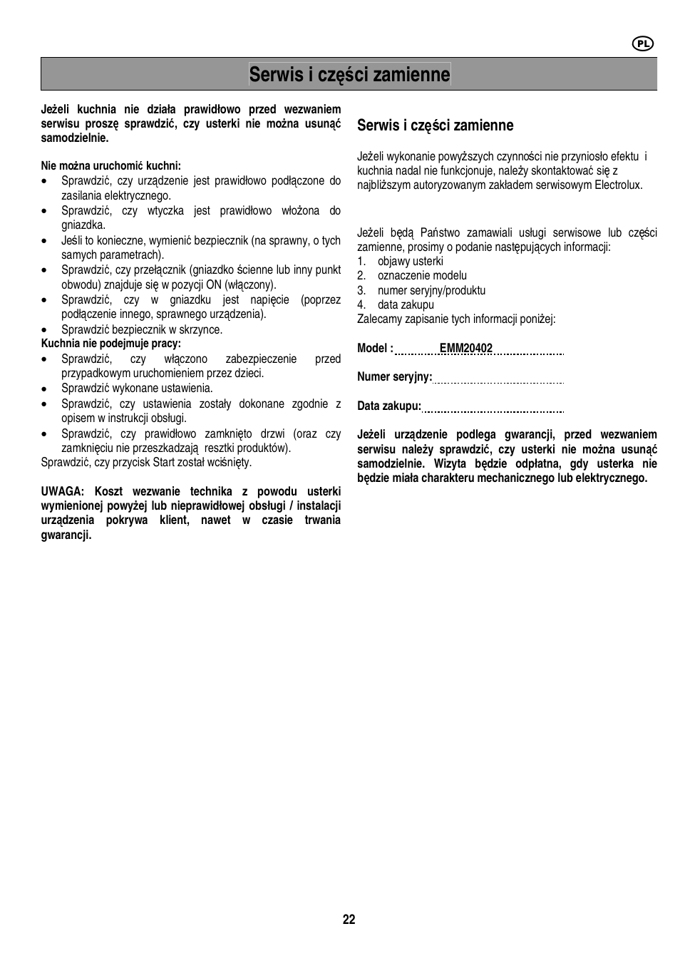 Serwis i cz ęś ci zamienne | Electrolux EMS20402 User Manual | Page 128 / 284