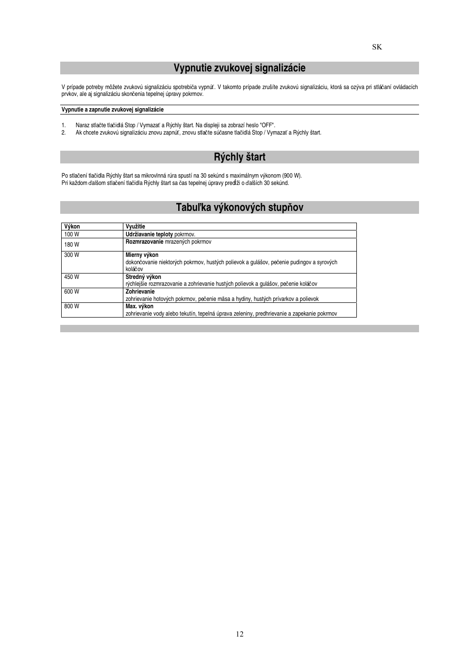 Vypnutie zvukovej signalizácie, Rýchly štart, Tabu ľ ka výkonových stup ň ov | Electrolux EMS20402 User Manual | Page 138 / 284