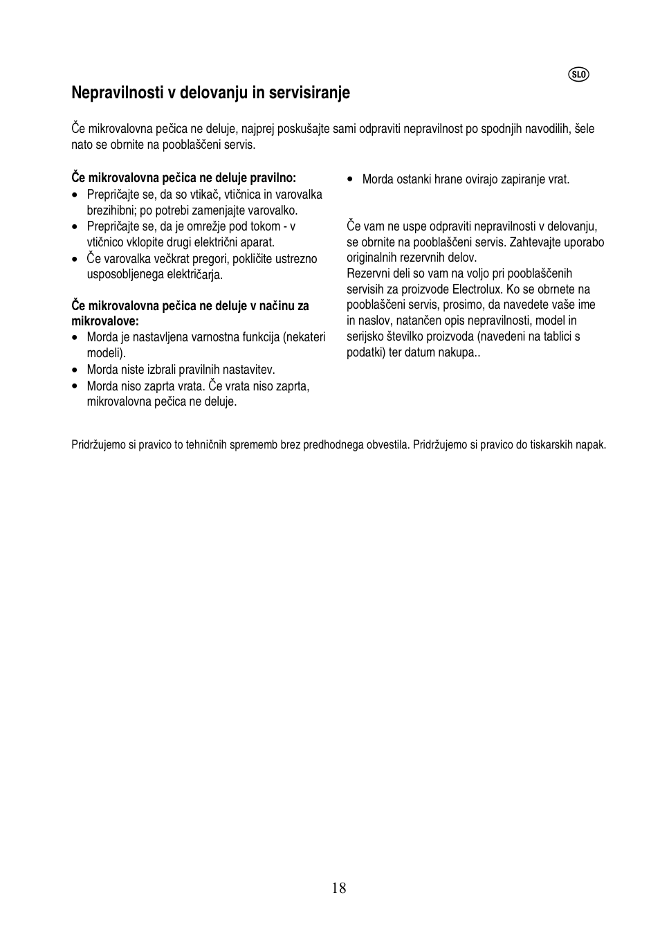 Nepravilnosti v delovanju in servisiranje | Electrolux EMS20402 User Manual | Page 167 / 284