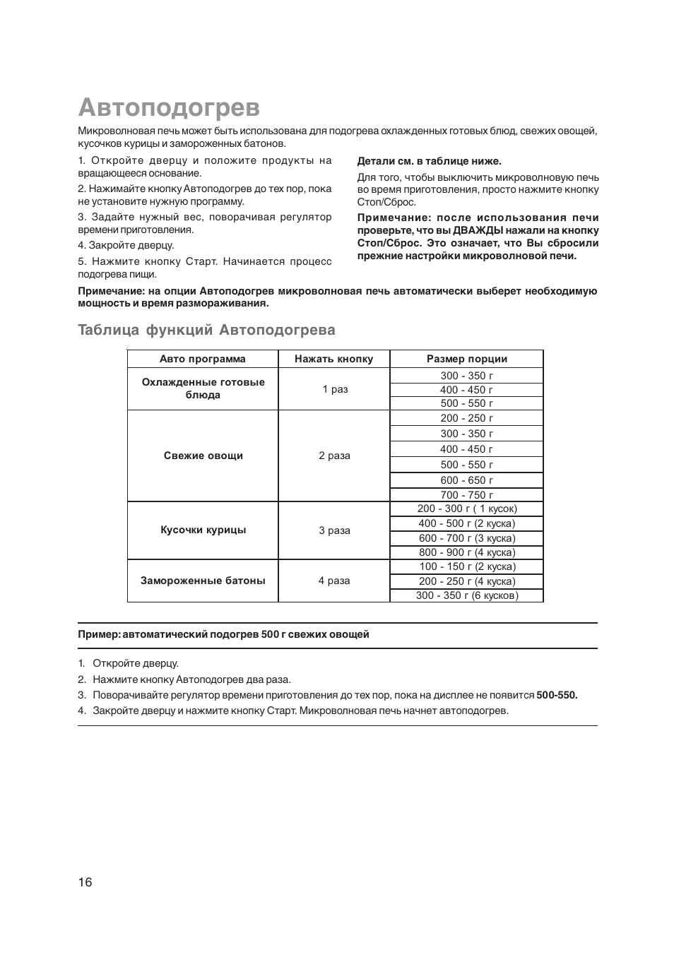 Автоподогрев, Таблица функций автоподогрева | Electrolux EMS20402 User Manual | Page 270 / 284