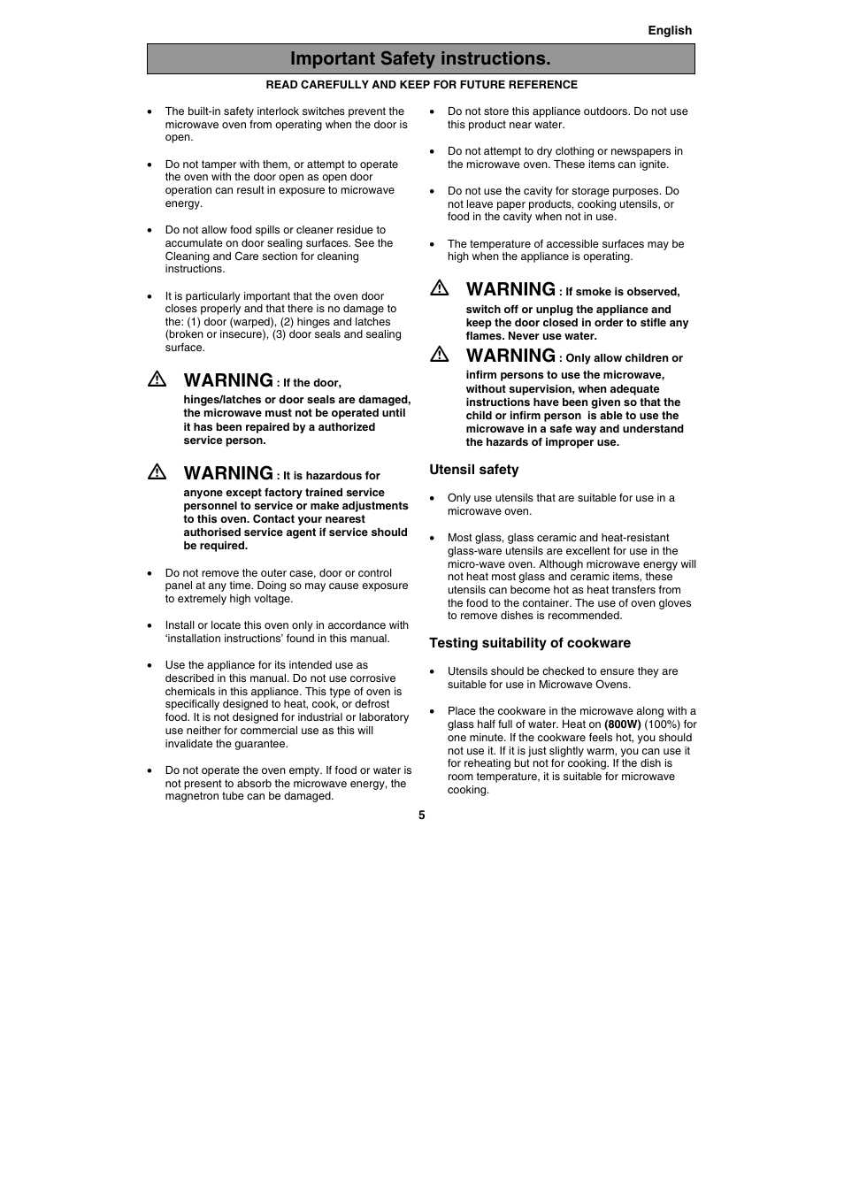Warning, Important safety instructions | Electrolux EMS20402 User Manual | Page 5 / 284