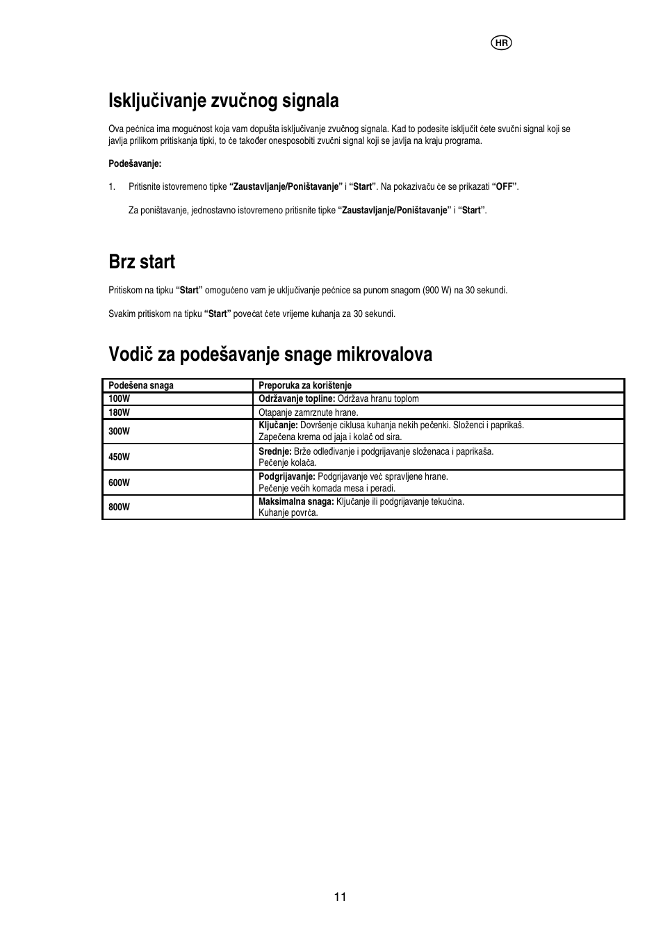 Isklju č ivanje zvu č nog signala, Brz start, Vodi č za podešavanje snage mikrovalova | Electrolux EMS20402 User Manual | Page 54 / 284