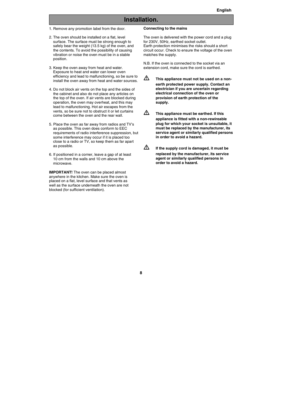 Installation | Electrolux EMS20402 User Manual | Page 8 / 284