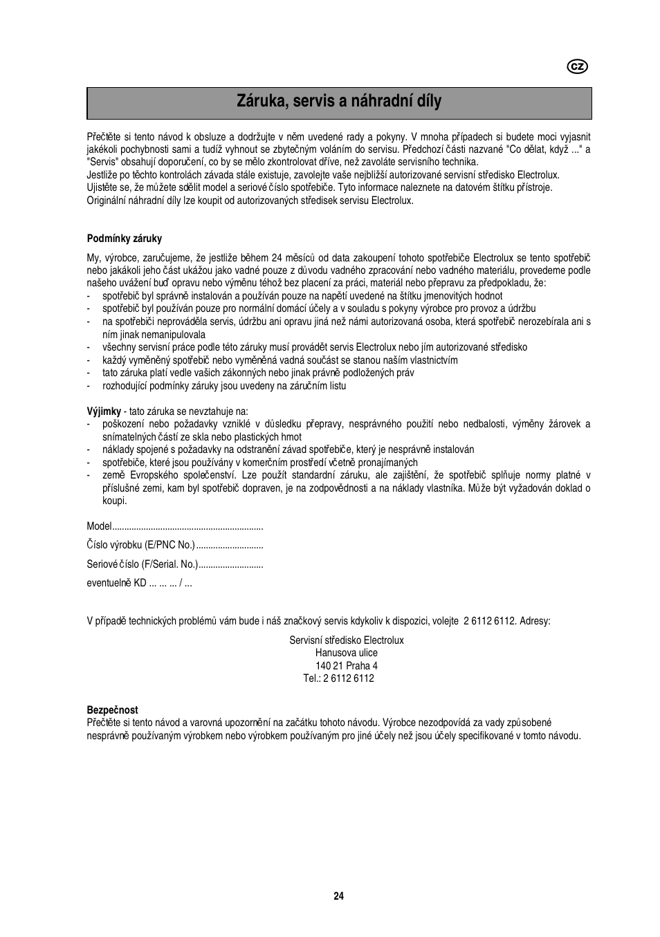 Záruka, servis a náhradní díly | Electrolux EMS20402 User Manual | Page 88 / 284