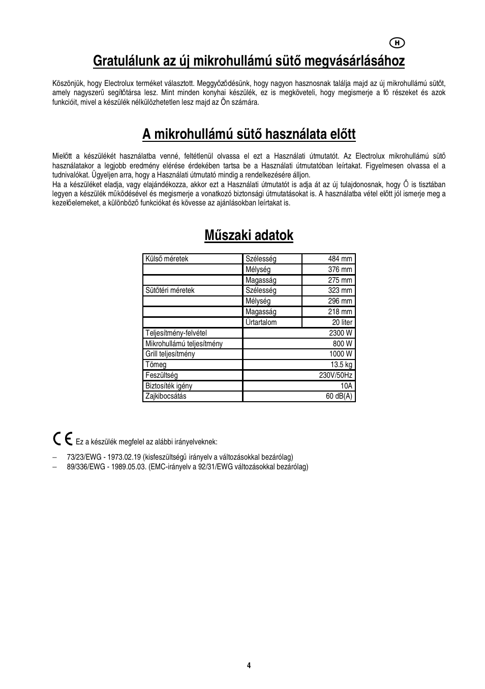 A mikrohullámú süt ő használata el ő tt, Mű szaki adatok | Electrolux EMS20402 User Manual | Page 90 / 284