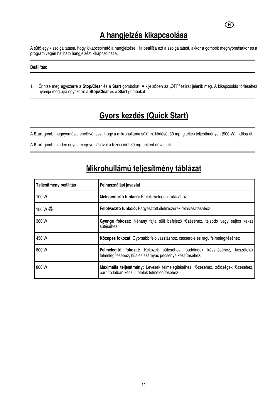 A hangjelzés kikapcsolása, Gyors kezdés (quick start), Mikrohullámú teljesítmény táblázat | Electrolux EMS20402 User Manual | Page 97 / 284