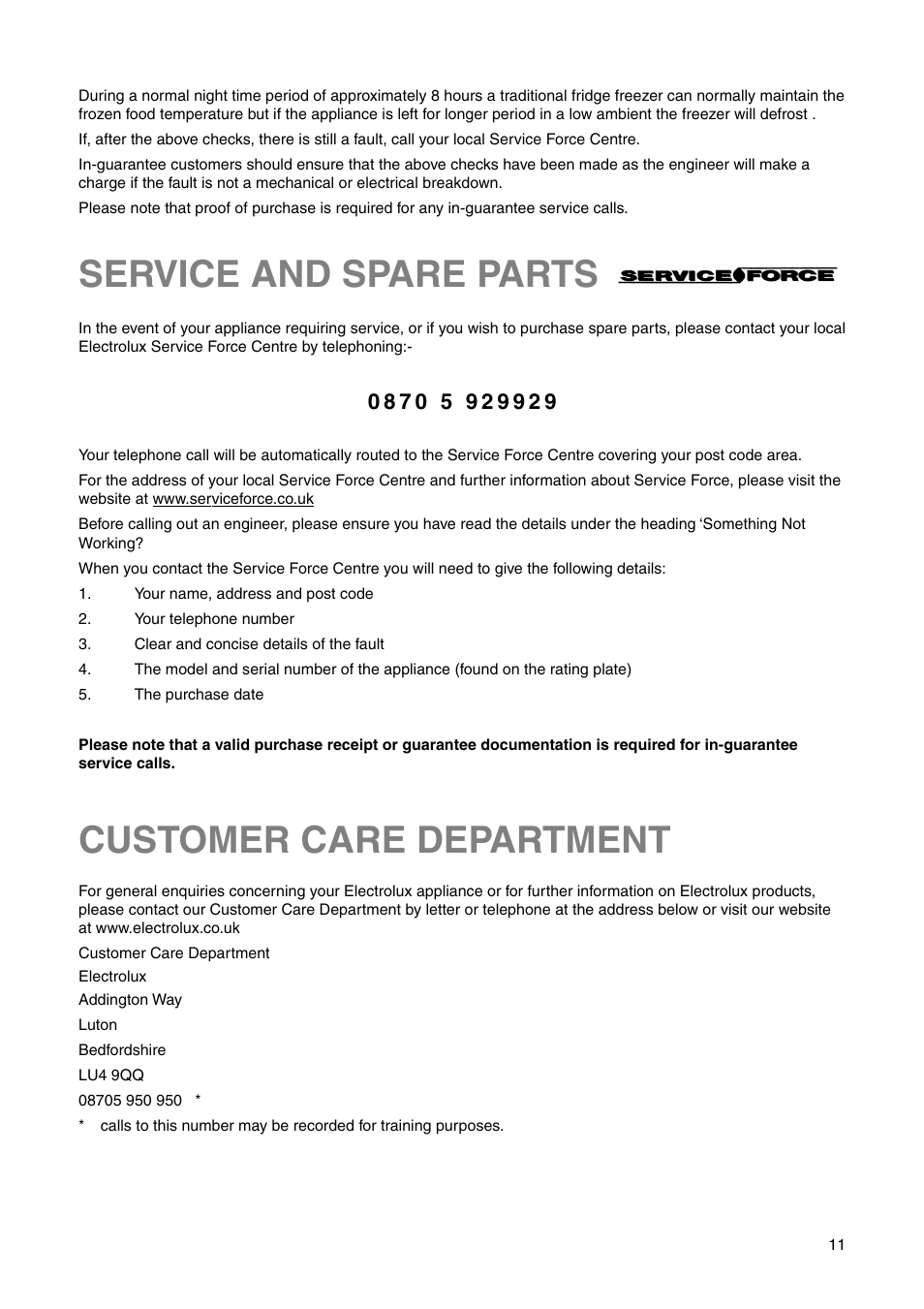 Customer care department, Service and spare parts | Electrolux ERN 2821 User Manual | Page 11 / 20