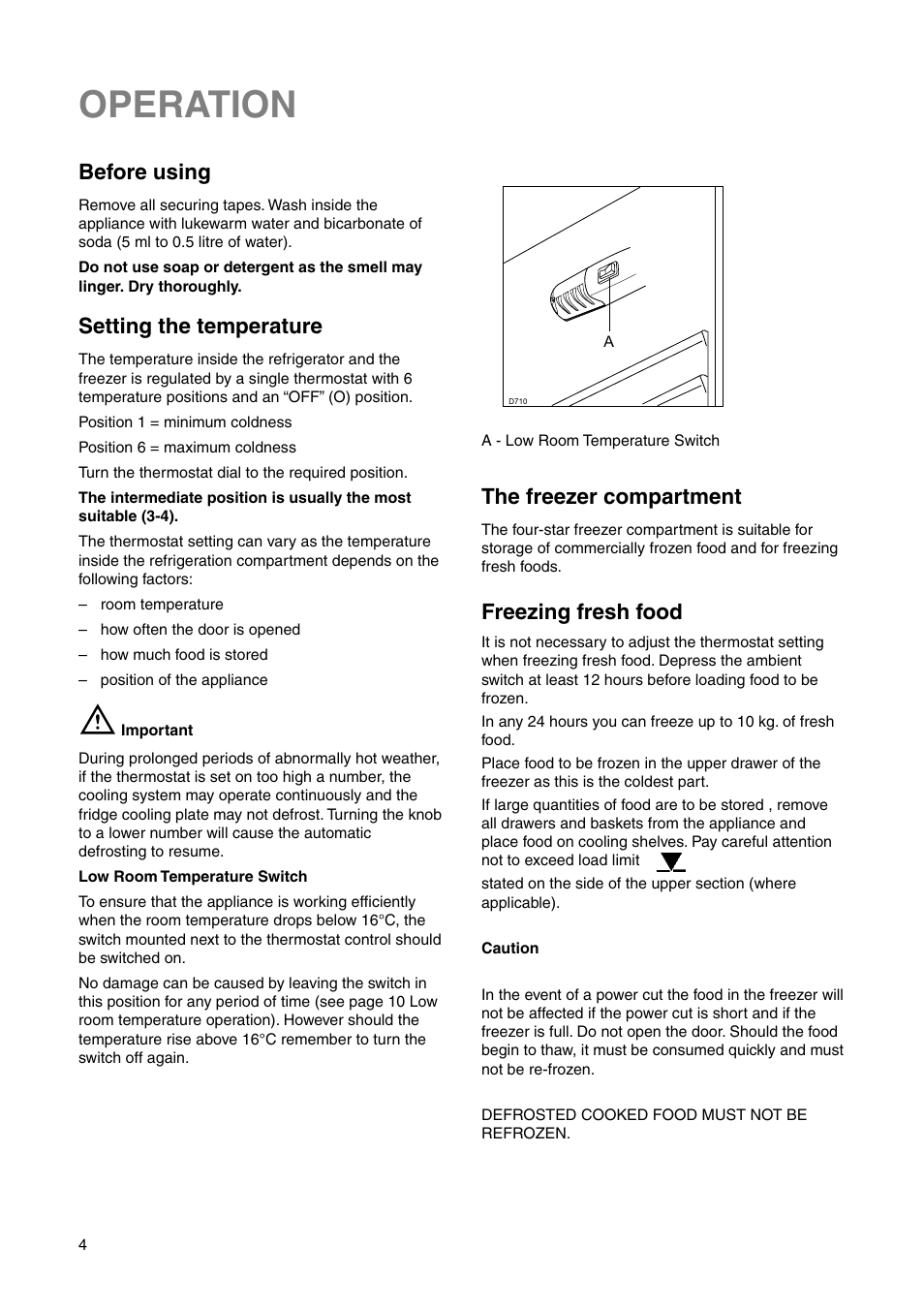 Operation, Before using, Setting the temperature | The freezer compartment, Freezing fresh food | Electrolux ERN 2821 User Manual | Page 4 / 20
