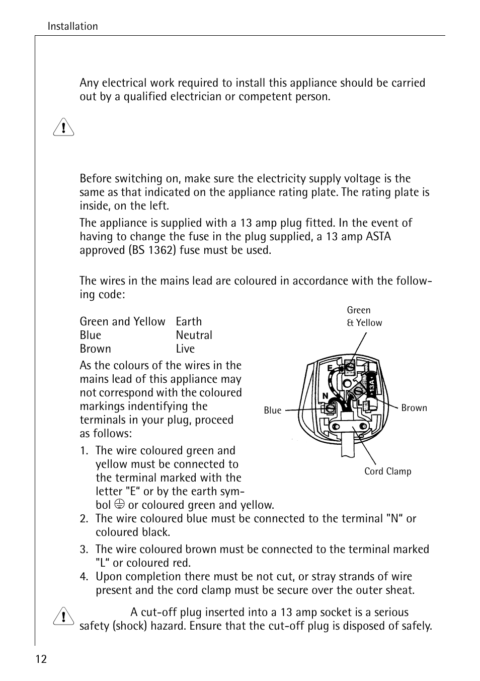 Electrical connection | Electrolux 3791-6 KG User Manual | Page 12 / 36