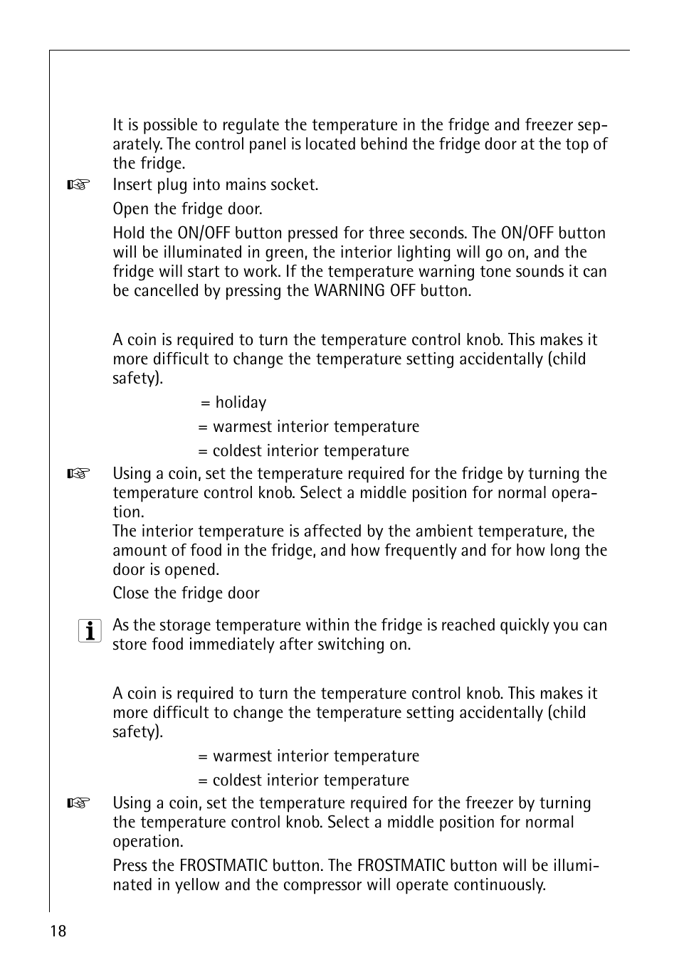 Starting up and regulating the temperature | Electrolux 3791-6 KG User Manual | Page 18 / 36