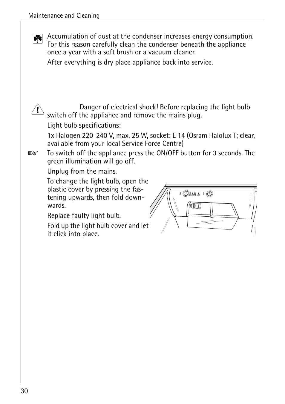 Replacing the light bulb | Electrolux 3791-6 KG User Manual | Page 30 / 36