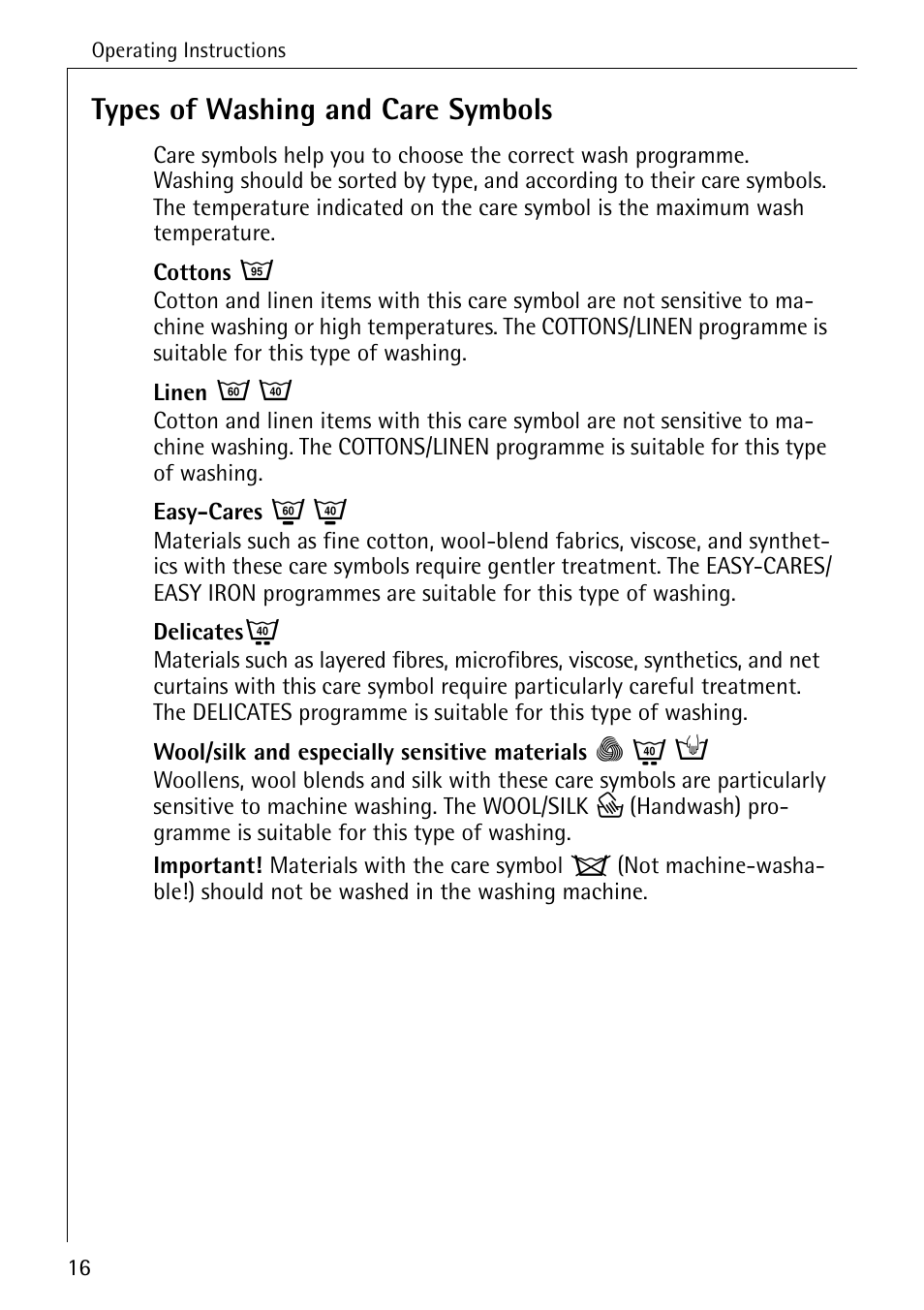 Types of washing and care symbols | Electrolux 76669 User Manual | Page 16 / 56