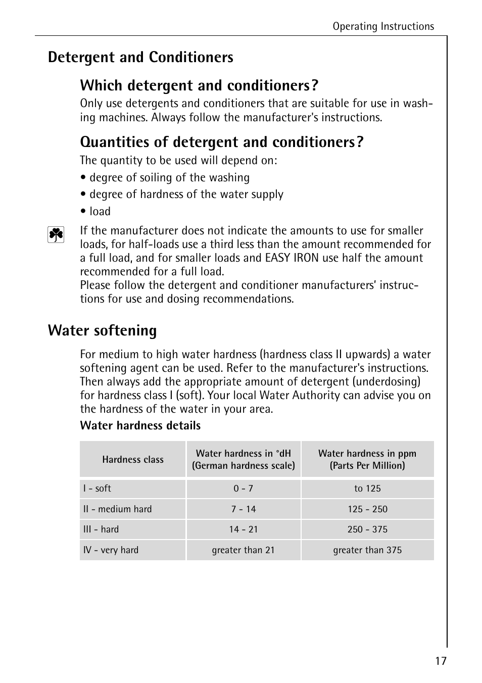 Quantities of detergent and conditioners, Water softening | Electrolux 76669 User Manual | Page 17 / 56