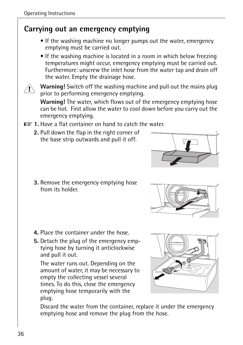 Carrying out an emergency emptying | Electrolux 76669 User Manual | Page 36 / 56