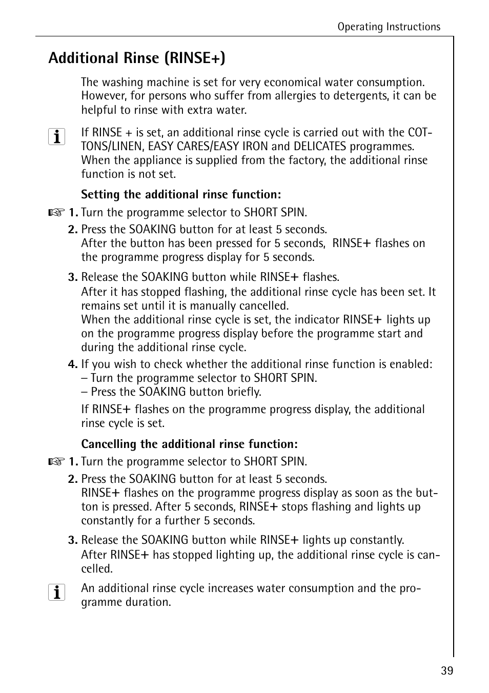 Additional rinse (rinse+) | Electrolux 76669 User Manual | Page 39 / 56