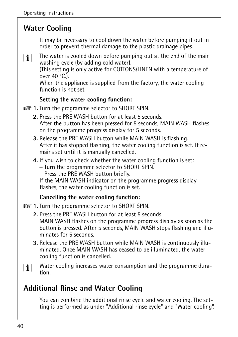 Water cooling, Additional rinse and water cooling | Electrolux 76669 User Manual | Page 40 / 56