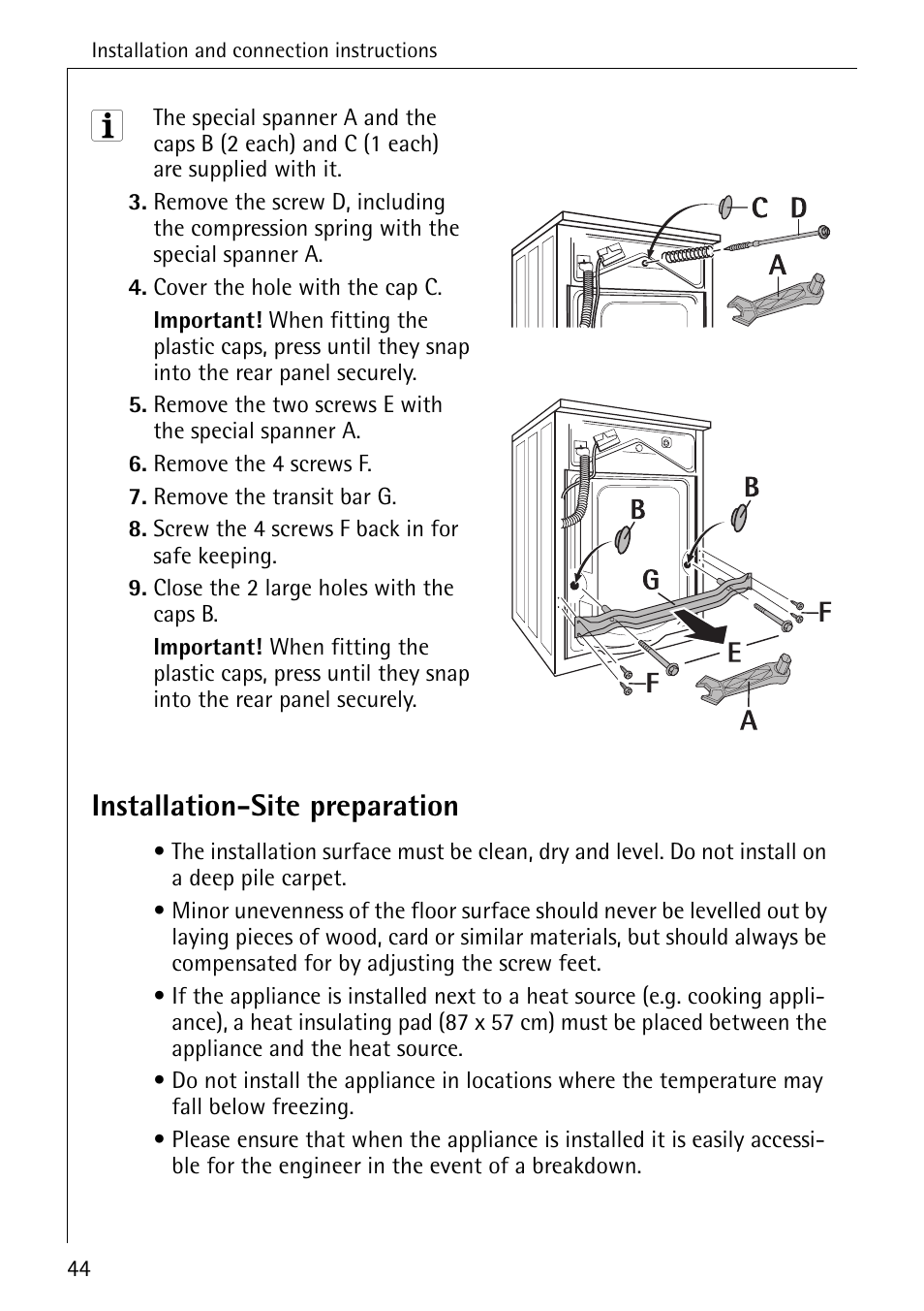 Installation-site preparation | Electrolux 76669 User Manual | Page 44 / 56