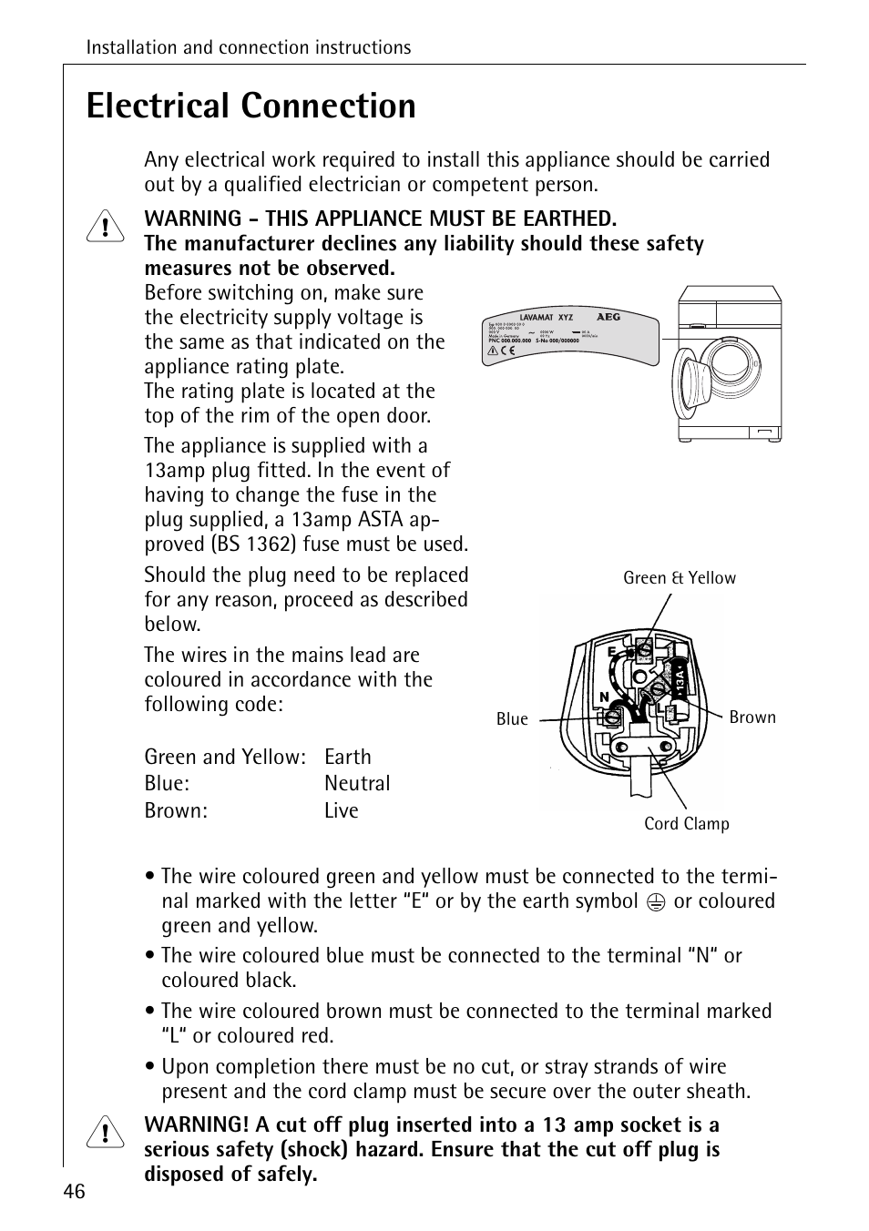 Electrical connection | Electrolux 76669 User Manual | Page 46 / 56