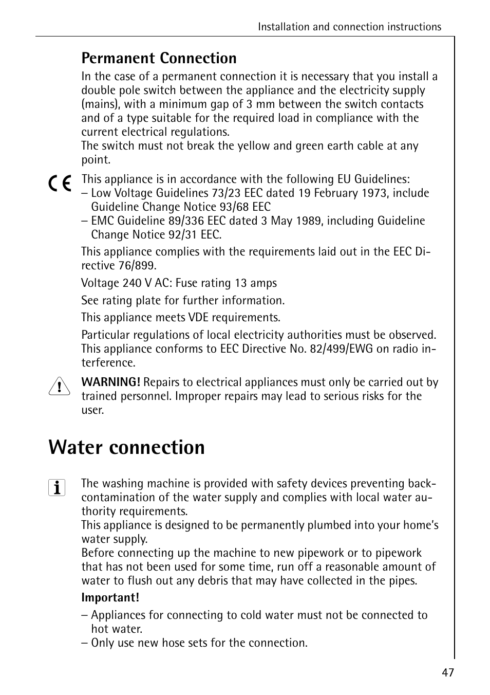 Water connection, Permanent connection | Electrolux 76669 User Manual | Page 47 / 56