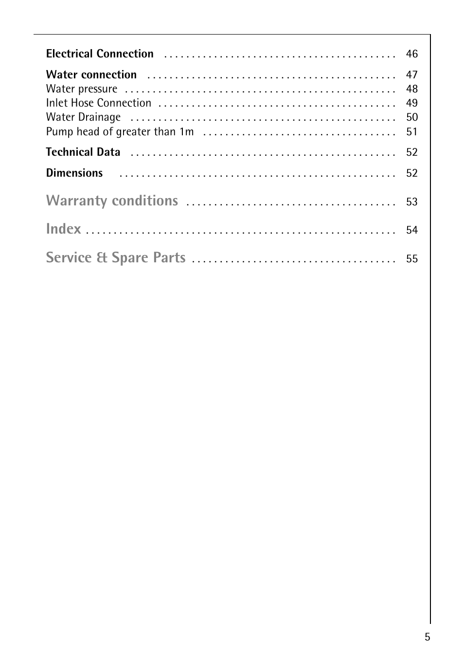 Warranty conditions, Index, Service & spare parts | Electrolux 76669 User Manual | Page 5 / 56