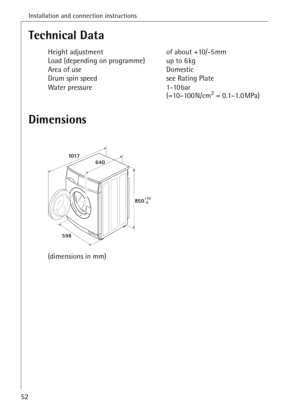 Technical data dimensions | Electrolux 76669 User Manual | Page 52 / 56