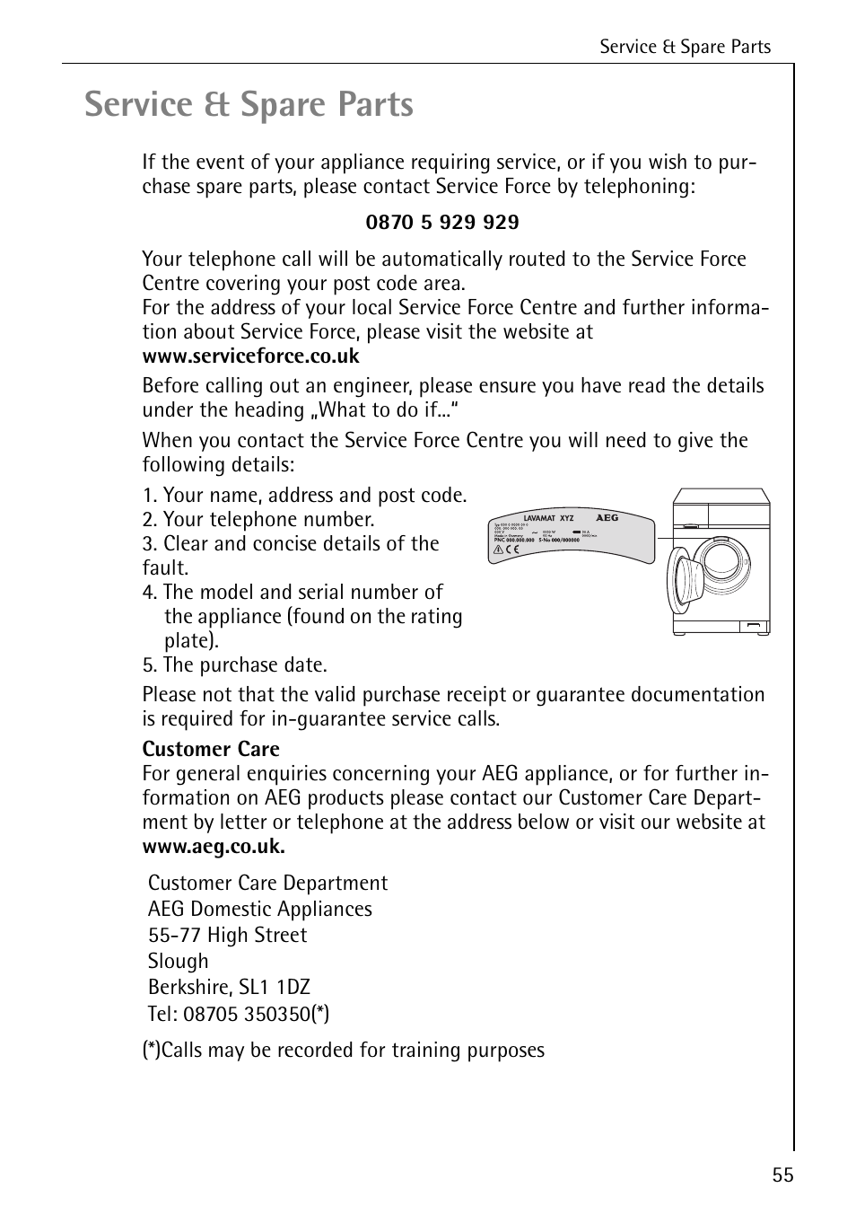 Service & spare parts | Electrolux 76669 User Manual | Page 55 / 56