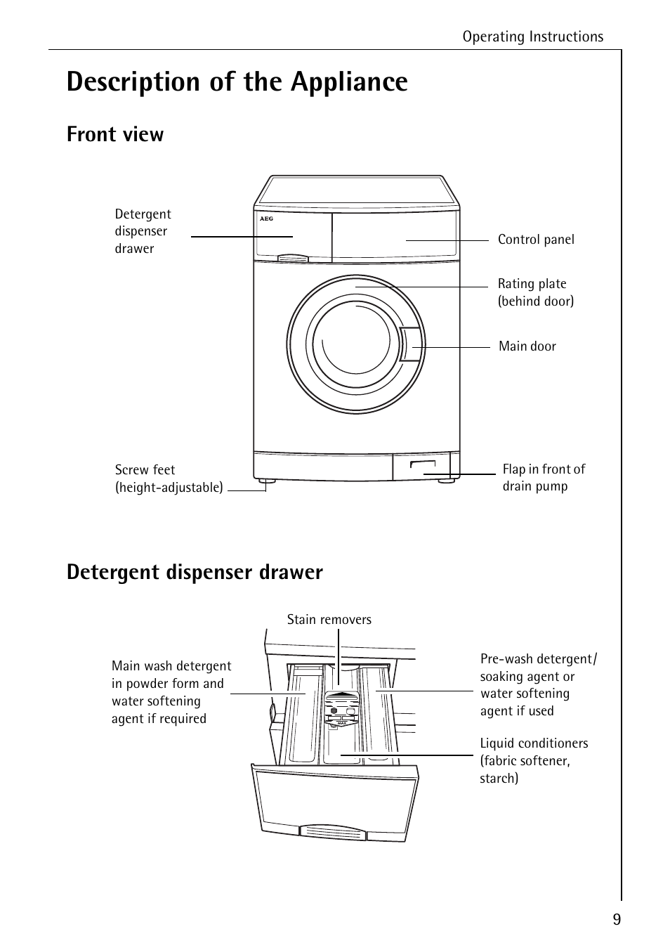 Description of the appliance, Front view detergent dispenser drawer | Electrolux 76669 User Manual | Page 9 / 56